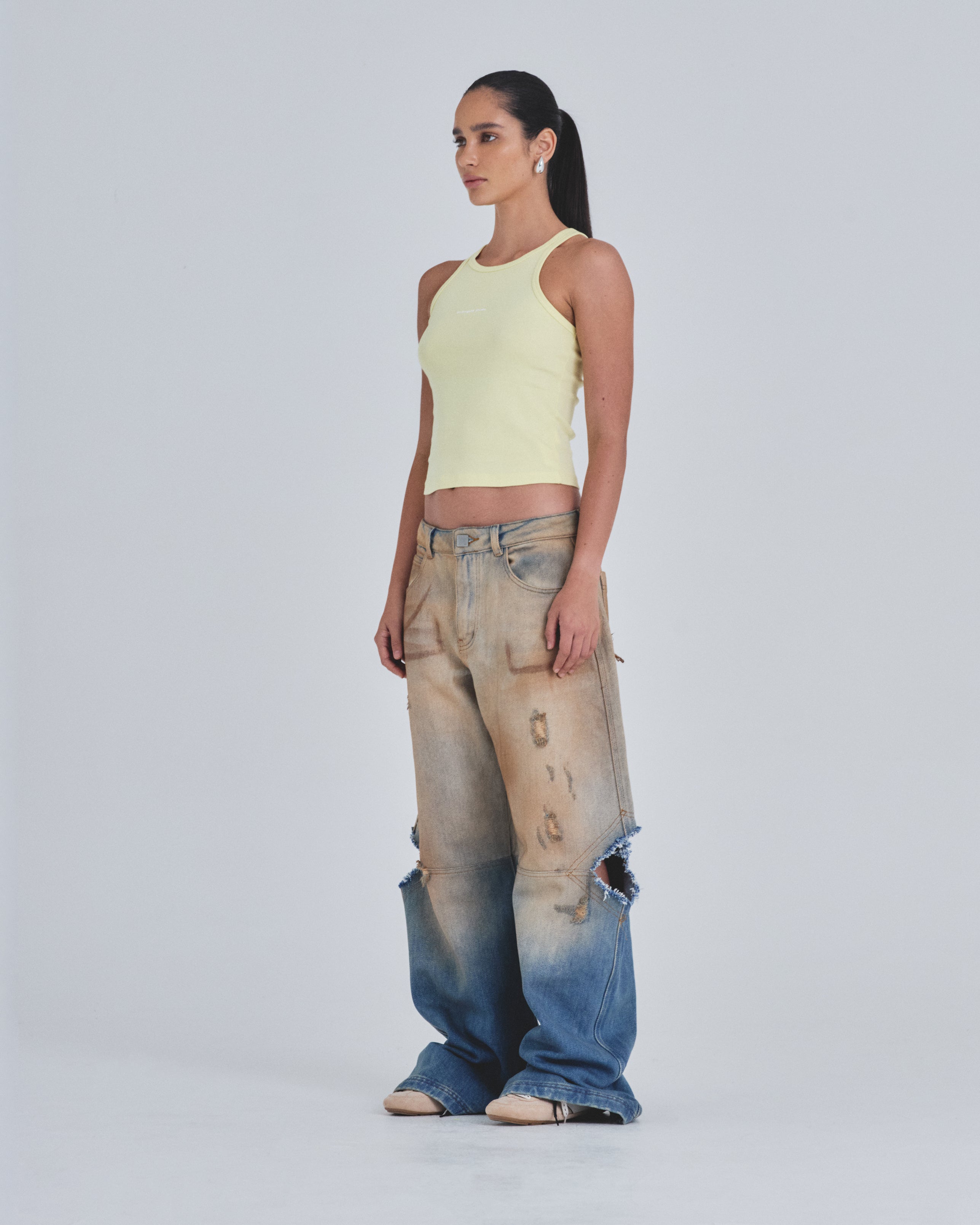 W Holy State Split Knee Wide Jeans Sand Blue