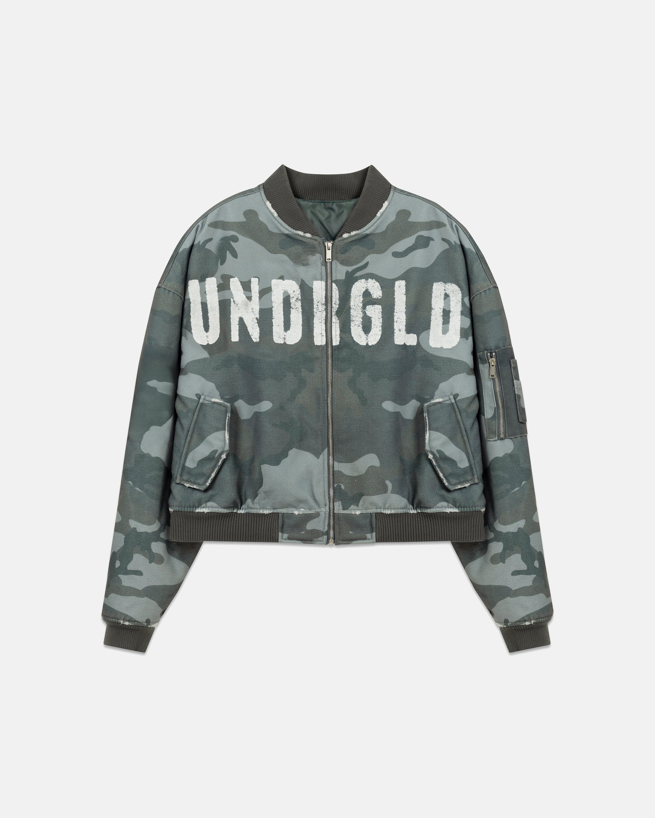 Holy Worn Logo Bomber Jacket Gray Camo