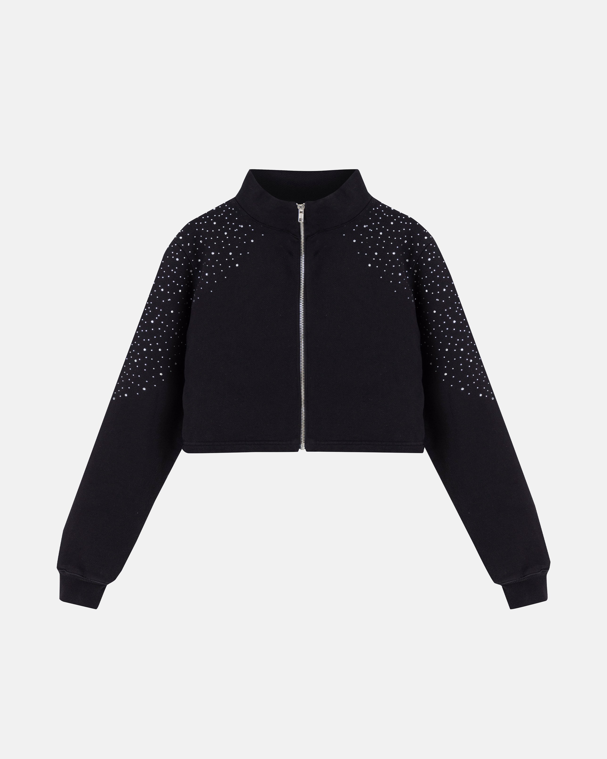 W Golden Heritage Slim Fit Zip Up Pearled Cropped Crewneck Black