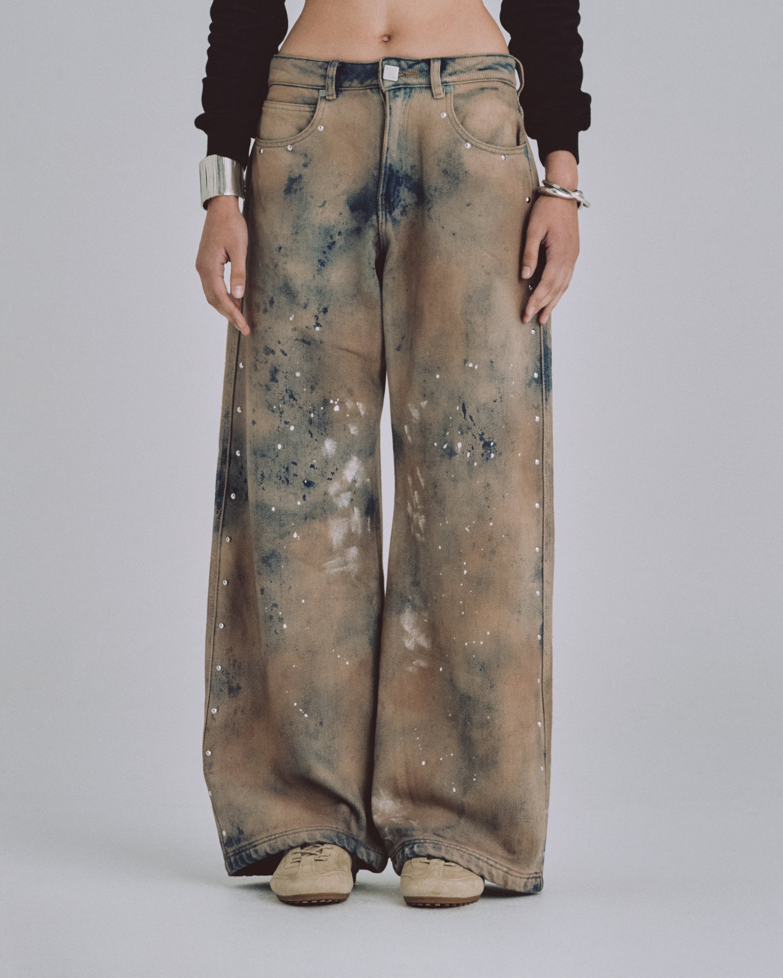 W 94' Riveted Painted Wide Jeans Gothic Blue