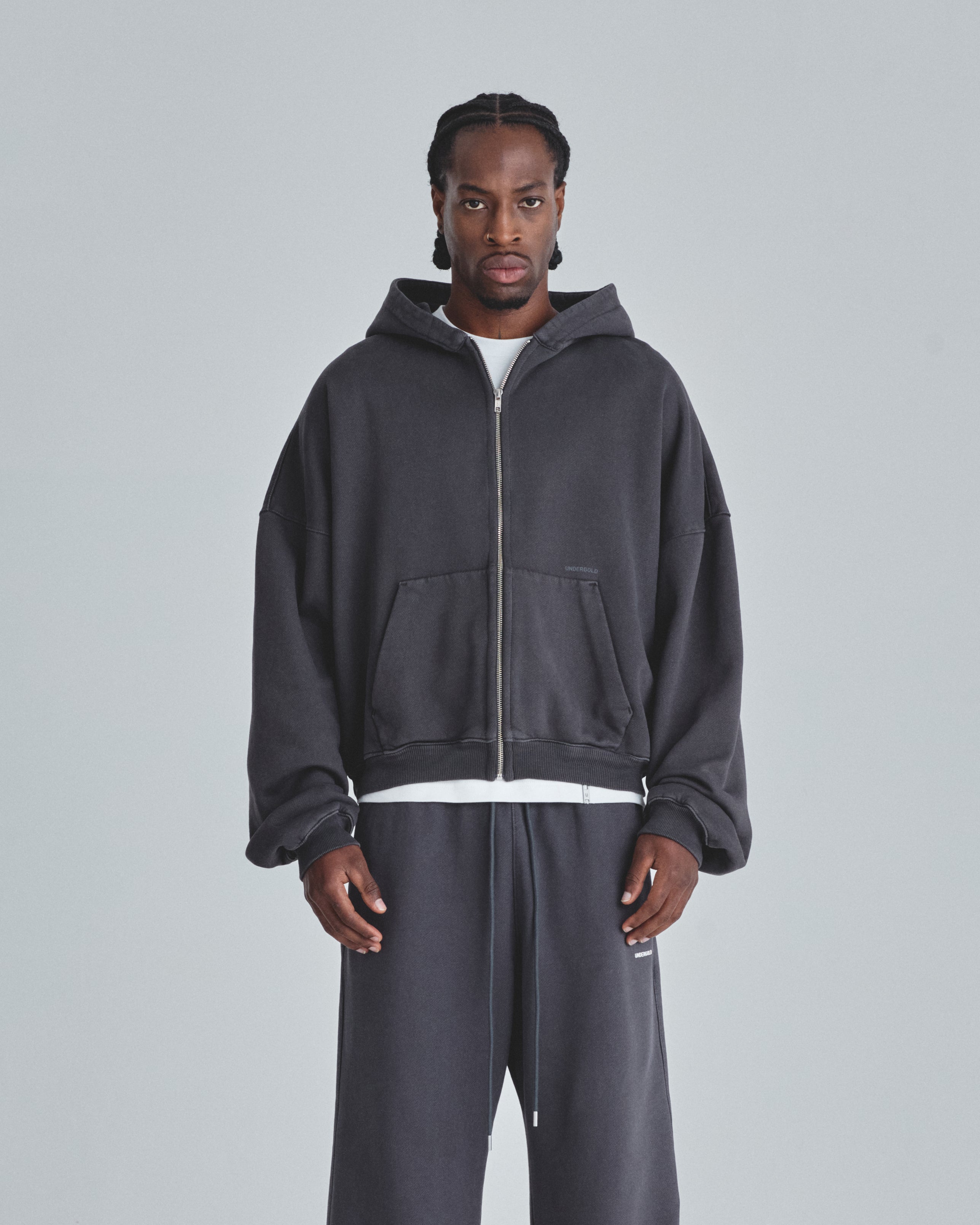 Line Basic Boxy Fit Zip Up Hoodie Dark Gray