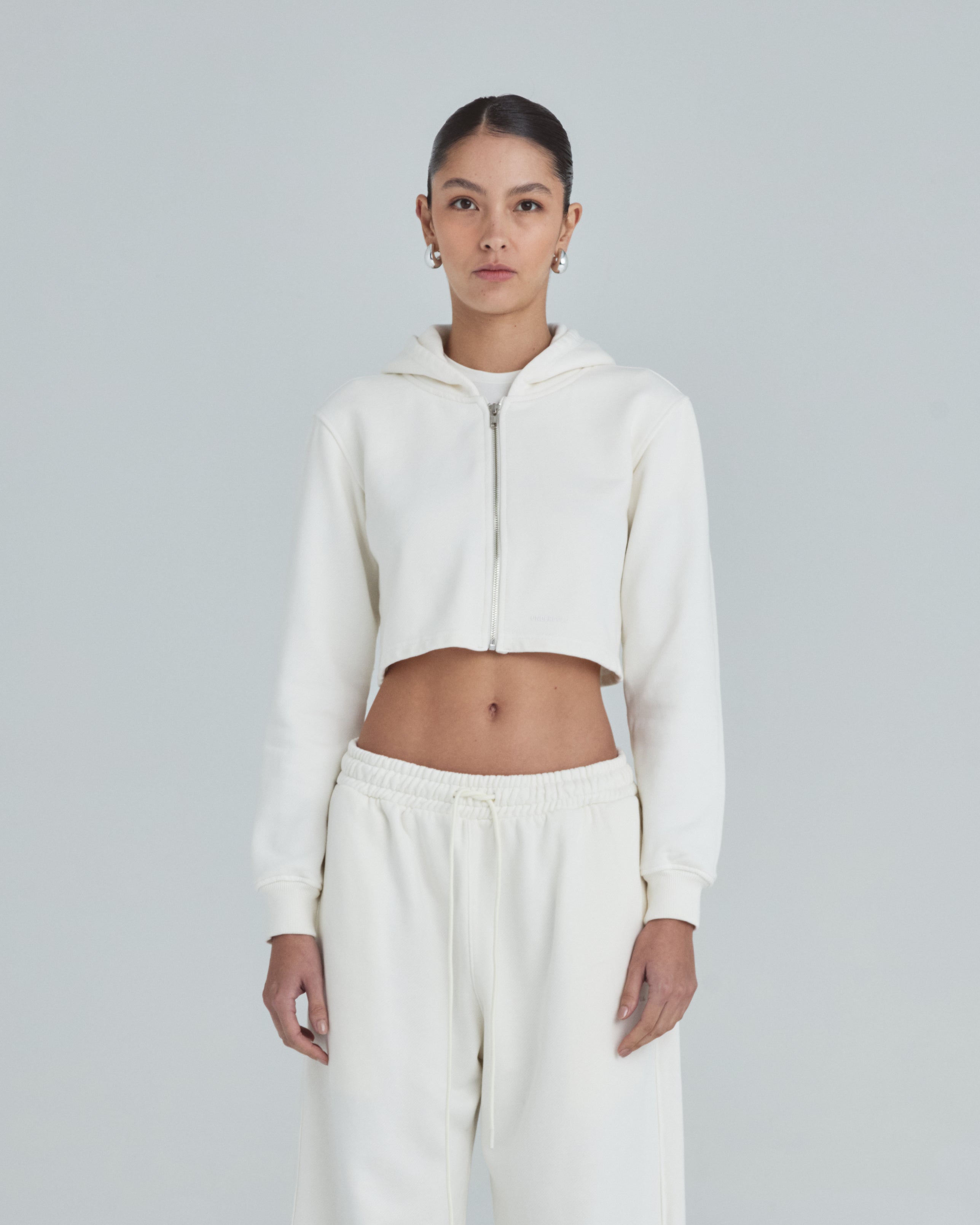 Line Basic Slim Fit Zip Up Cropped Hoodie White