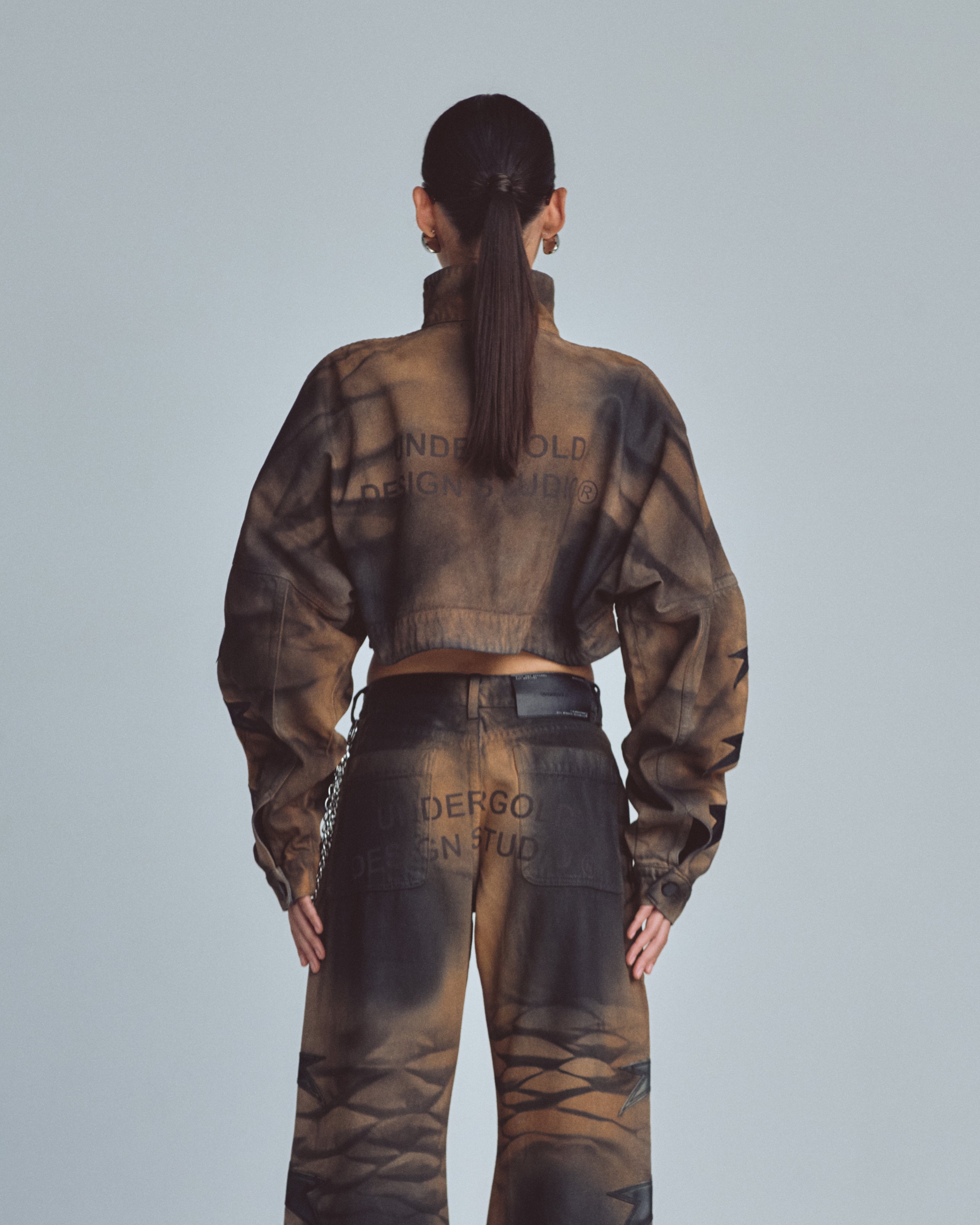 W Stardust Stars Tall Neck Zip Up Jacket Vintage Brown