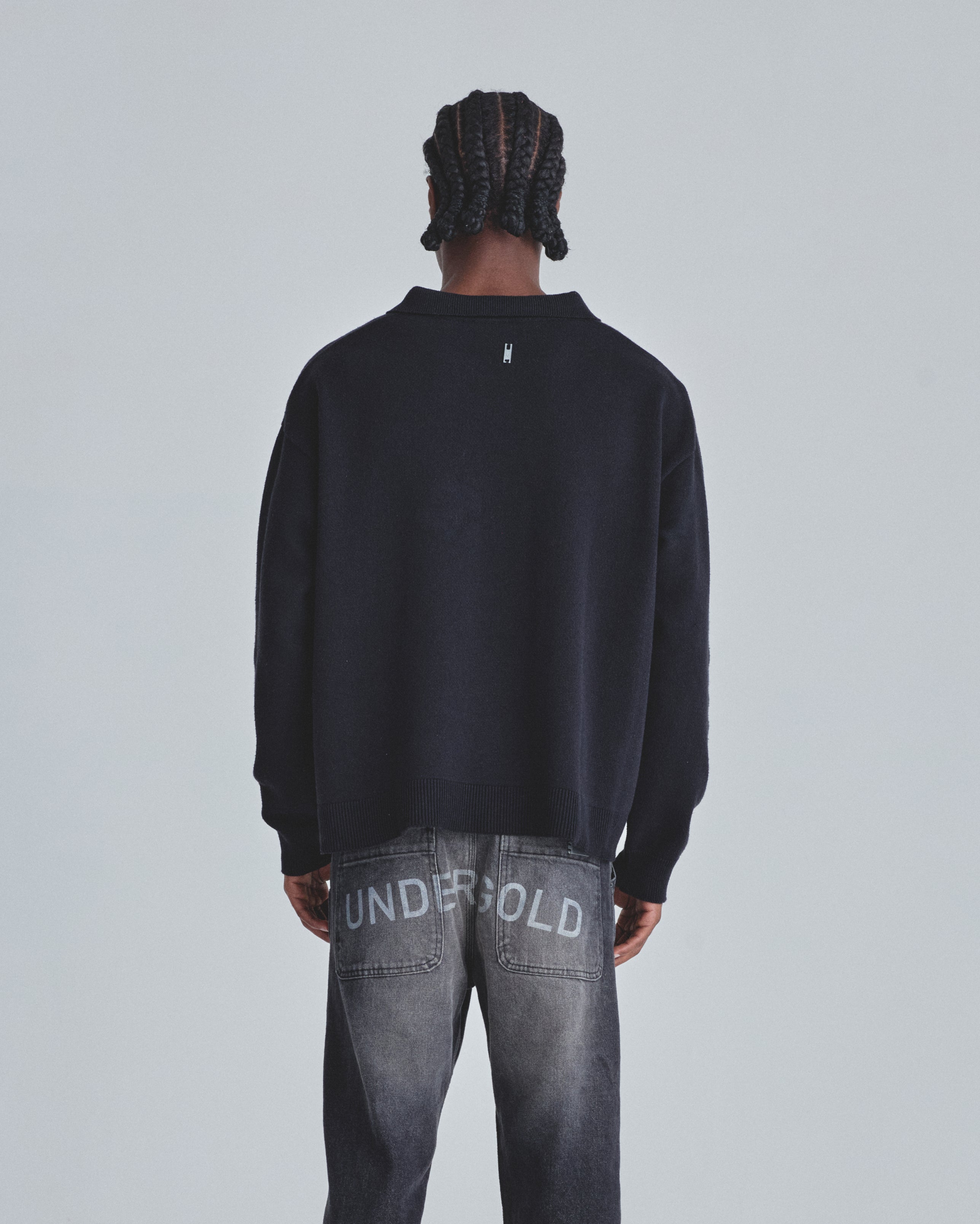 Line Knit Zip Up Long Sleeve Polo Shirt Black