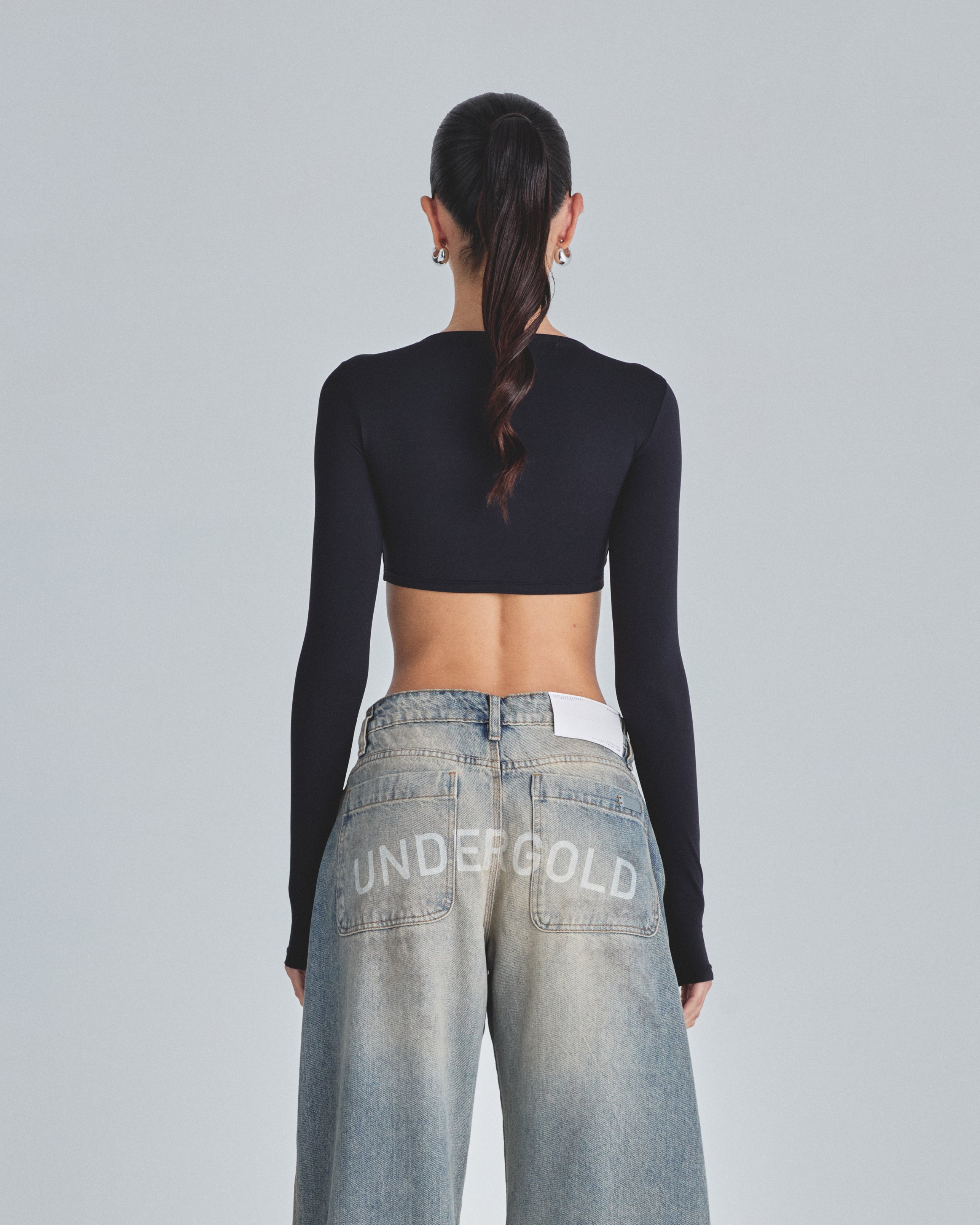 Line Basic Long Sleeve Cropped Tshirt Black