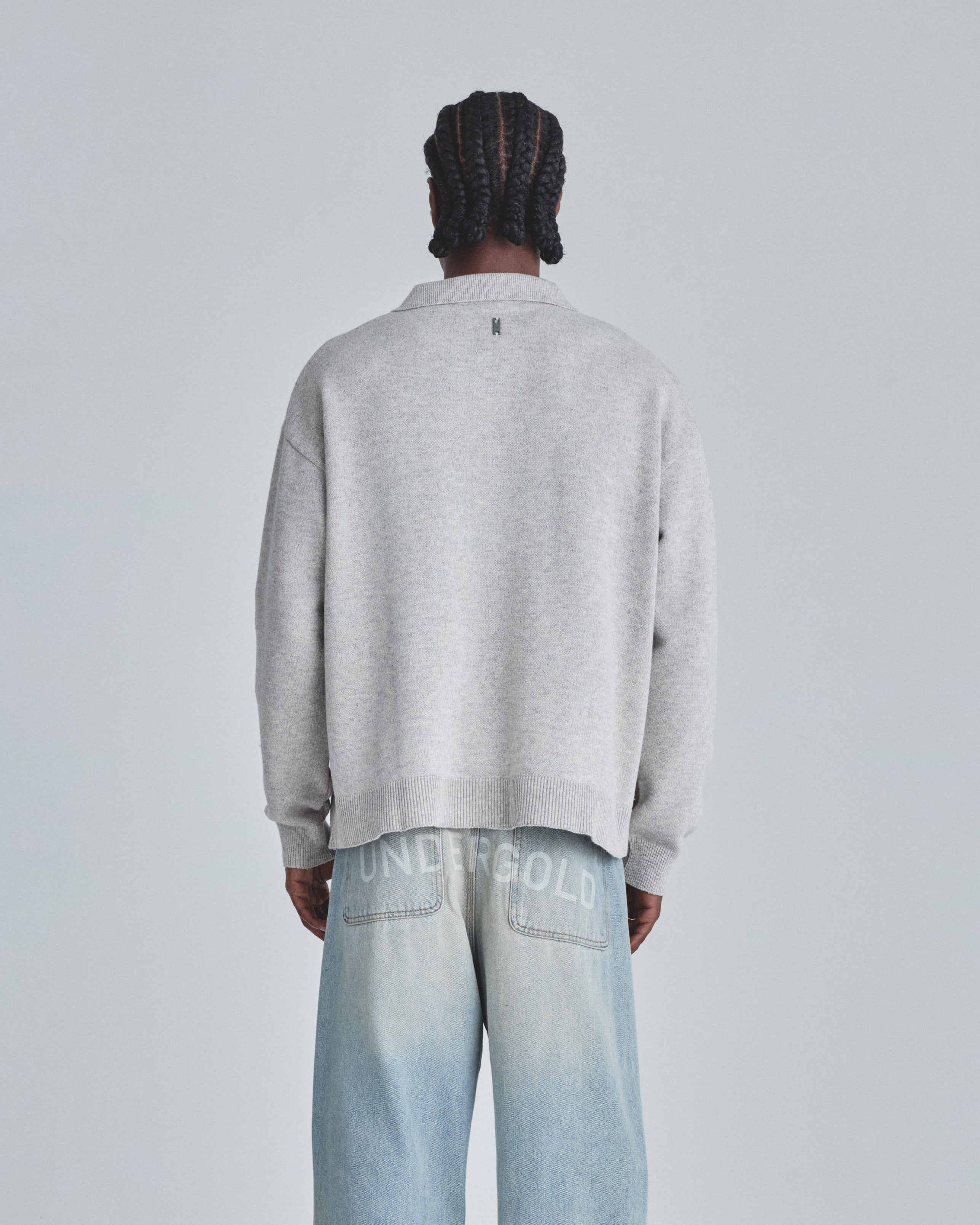 Line Knit Zip Up Long Sleeve Polo Shirt Seed Gray