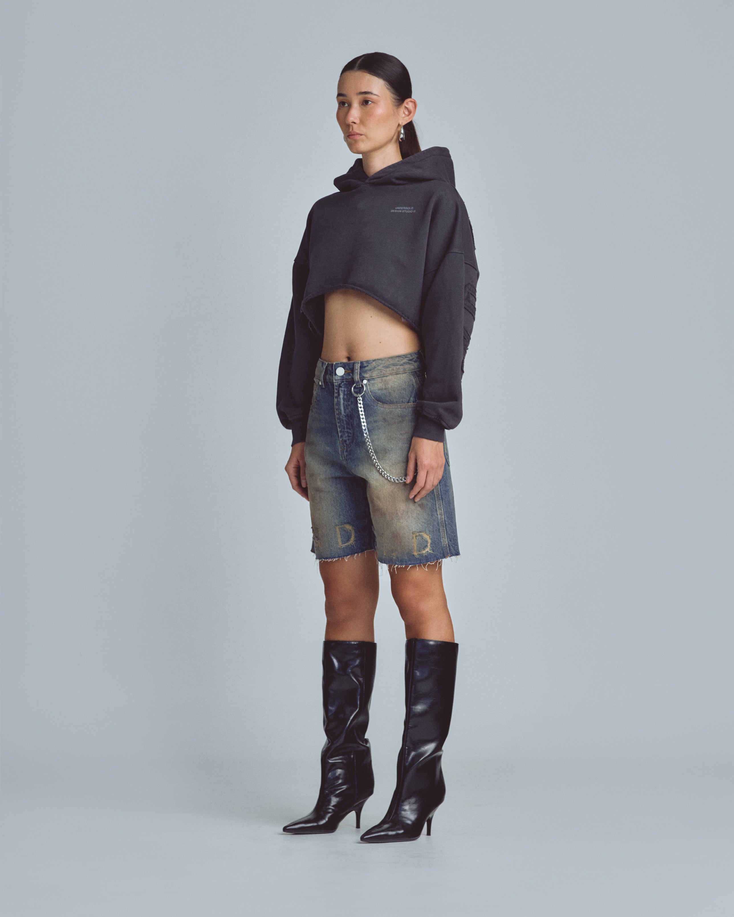 W Stardust Basic Cropped Hoodie Vintage Gray