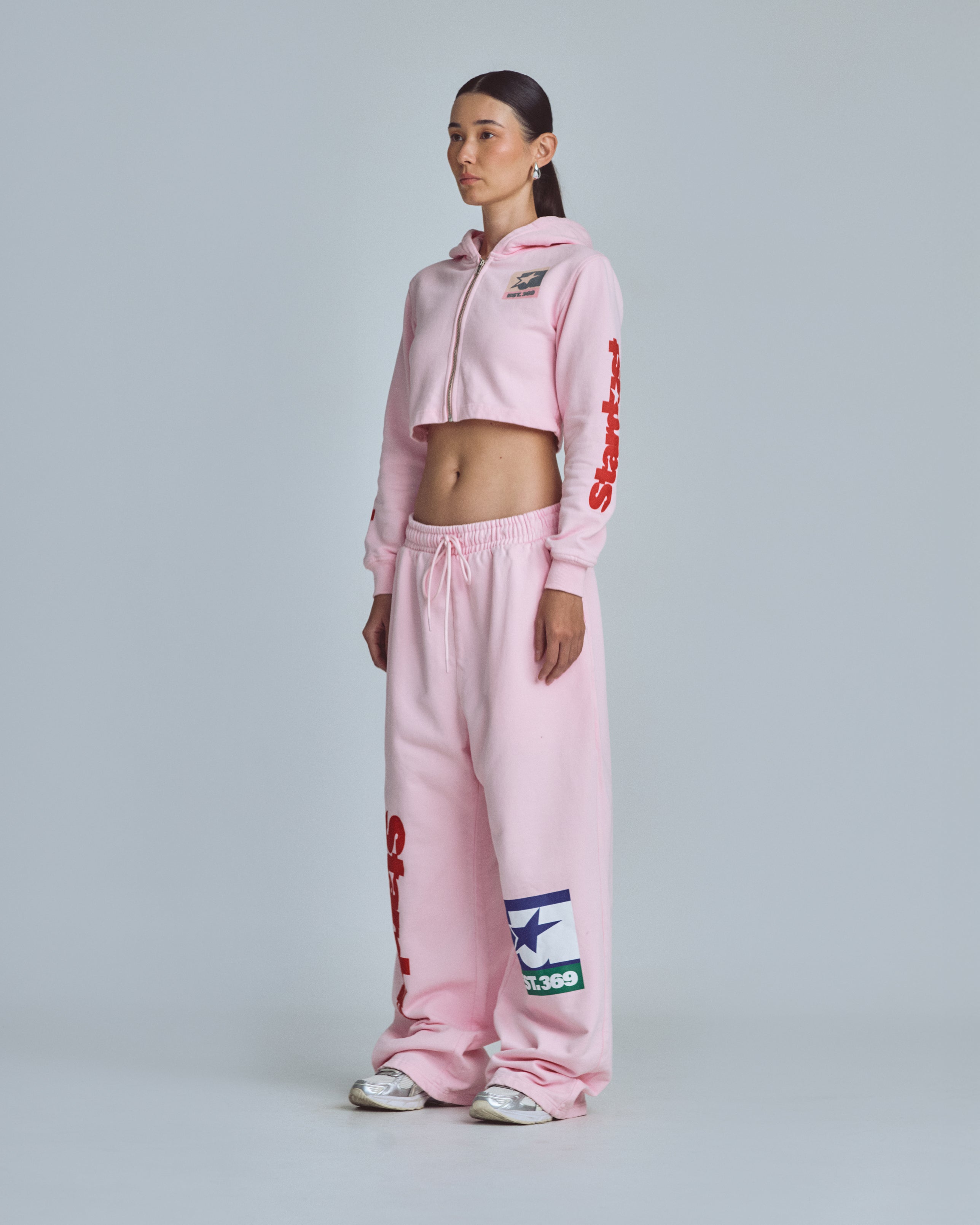 W Stardust Symbol Slim Fit Zip Up Cropped Hoodie Pink