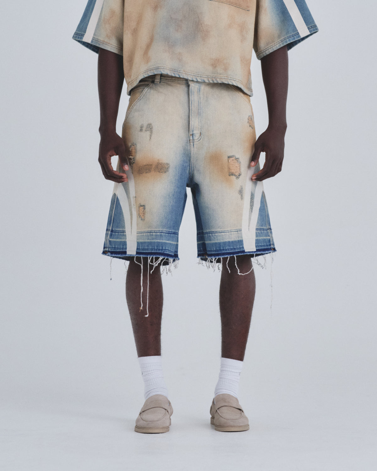 Holy State Stripe Denim Shorts Sand Blue
