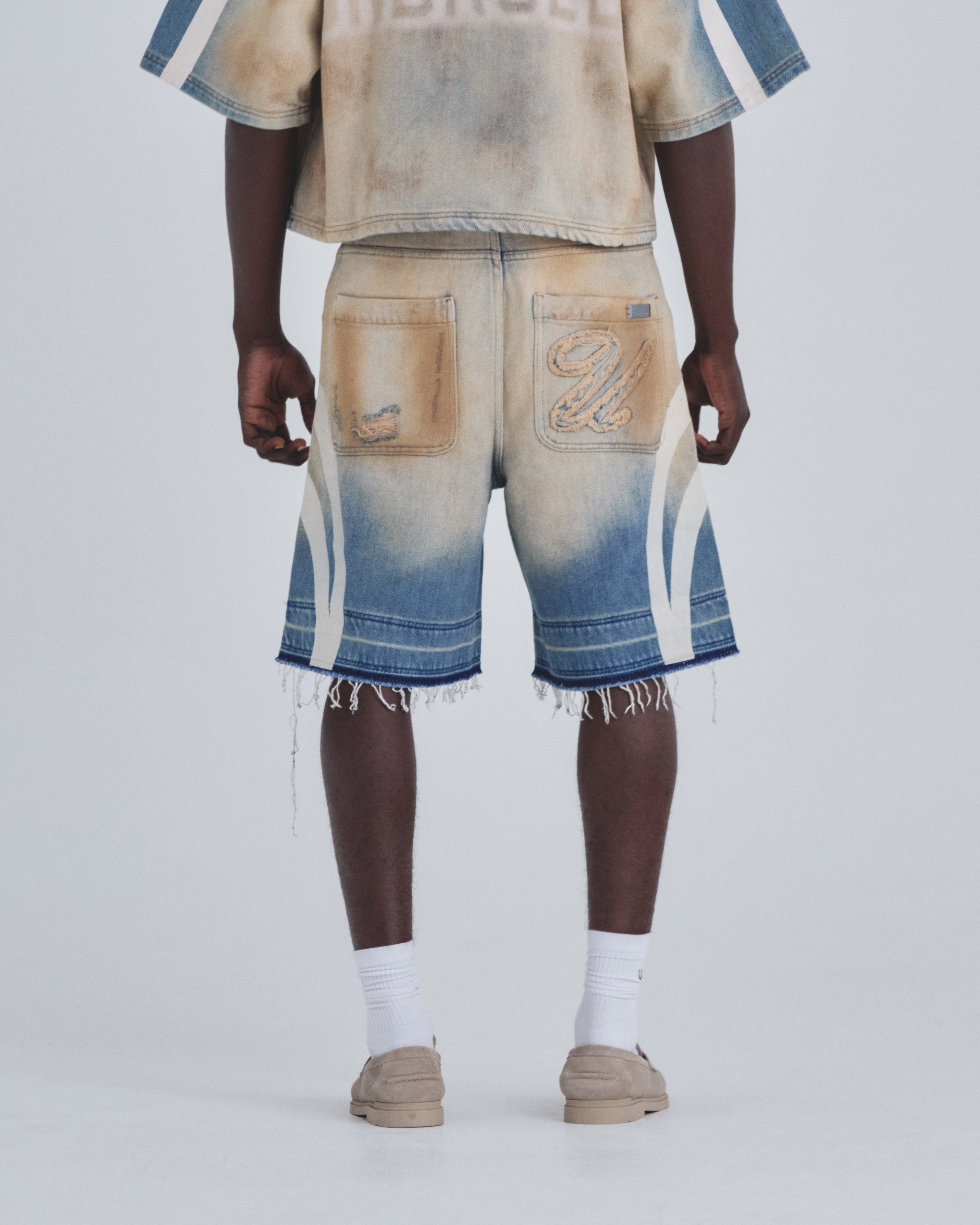 Holy State Stripe Denim Shorts Sand Blue