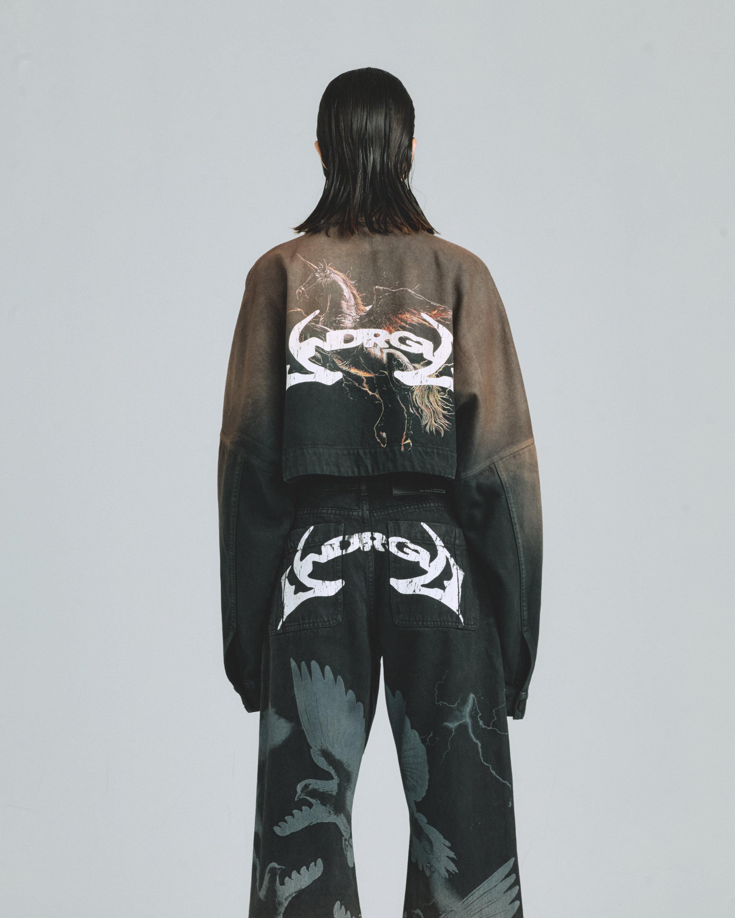 W Thunder Rider Pegasus Cropped Zip Up Jacket Rusty Black
