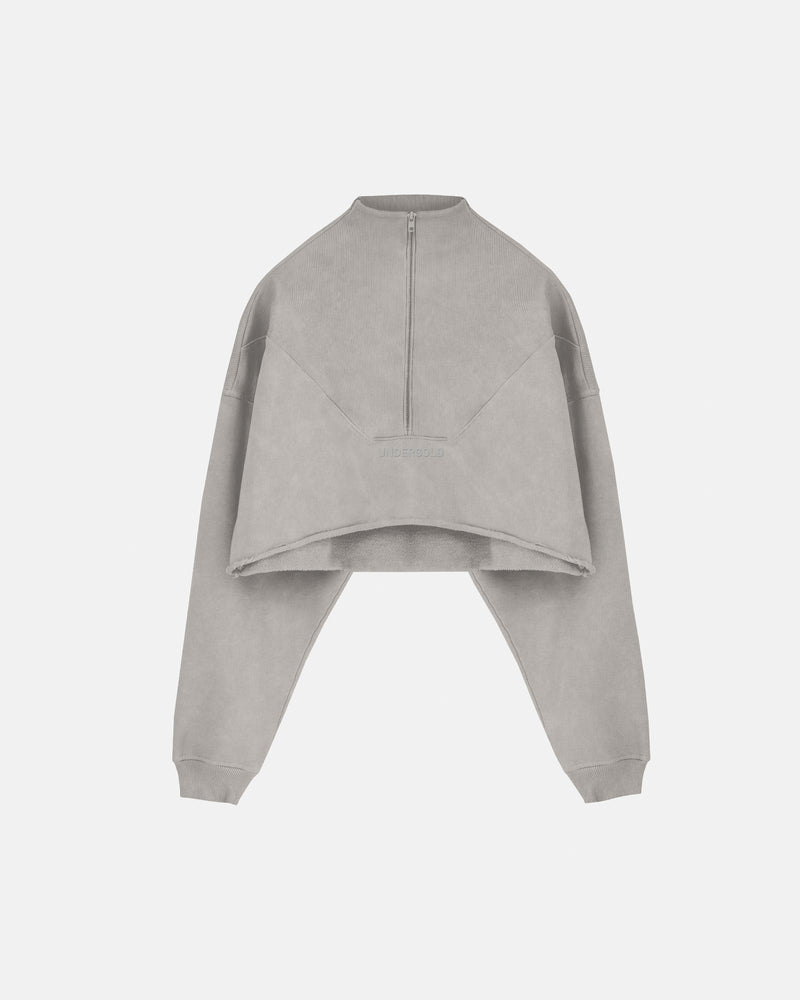 Line Logo Cropped Zip up Crewneck Washed Gray