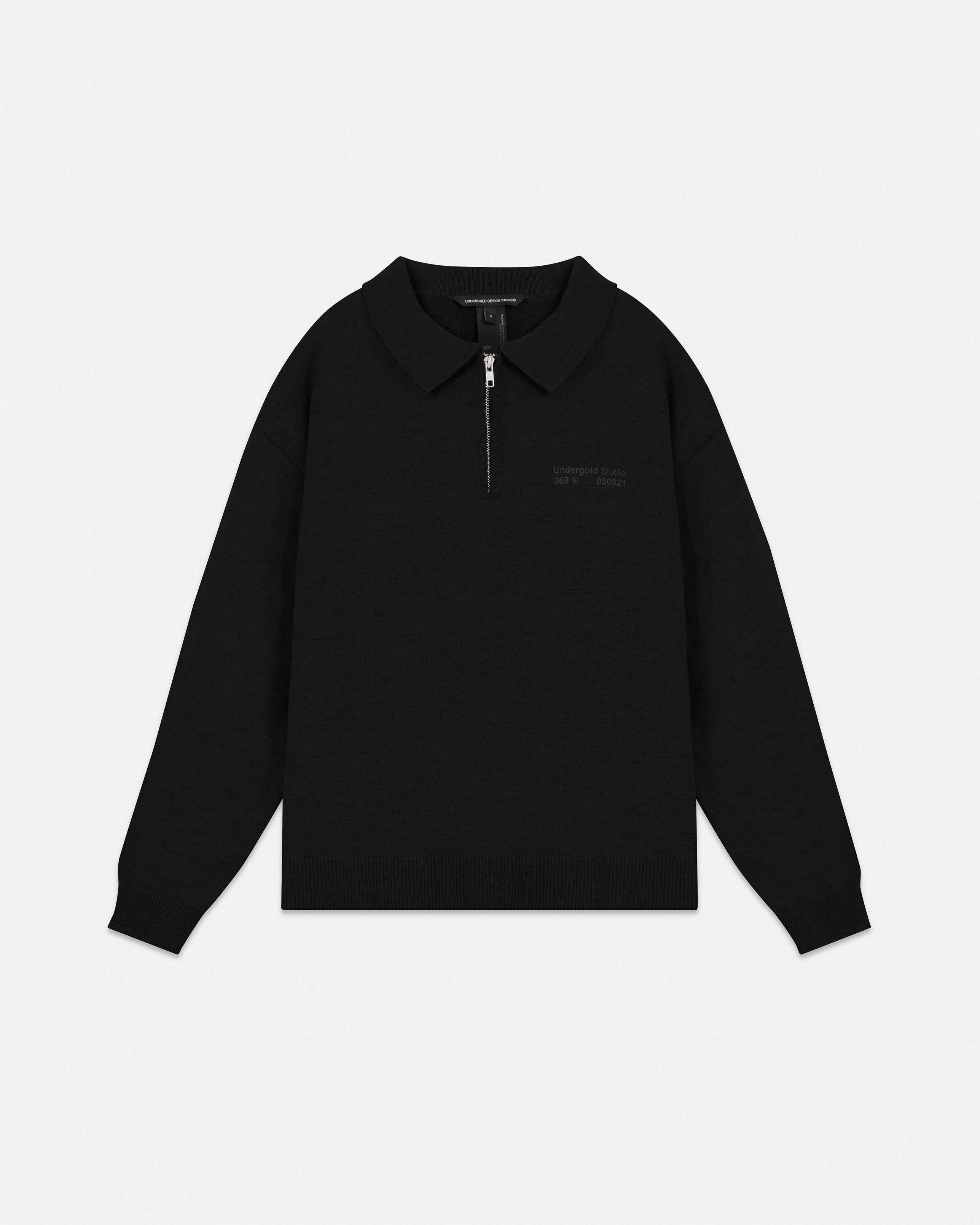 Line Knit Zip Up Long Sleeve Polo Shirt Black