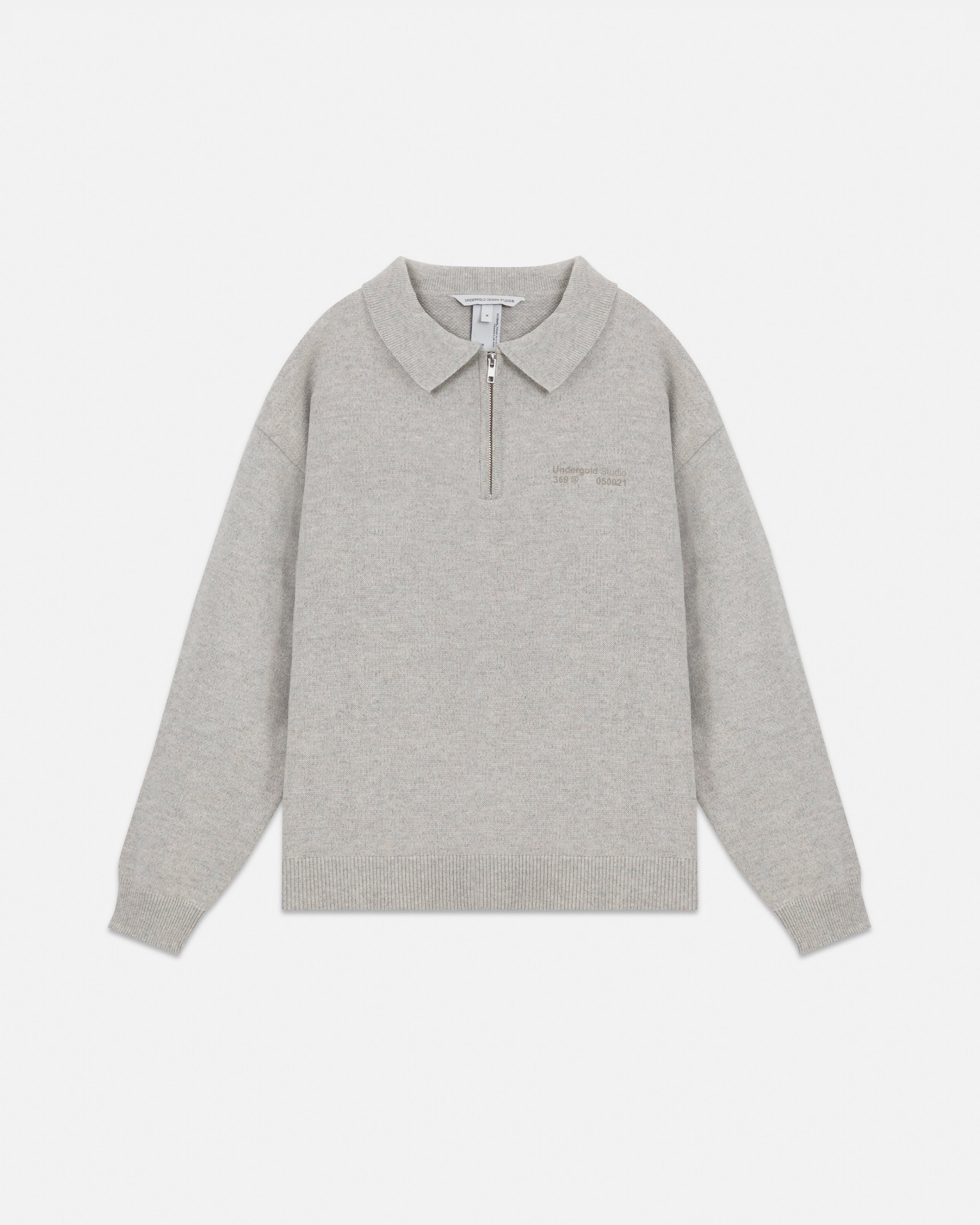 Line Knit Zip Up Long Sleeve Polo Shirt Seed Gray