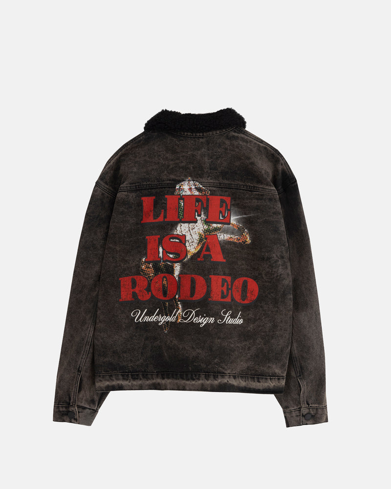 Rodeo "Life is a Rodeo" Sherpa Trucker Jacket Washed Black