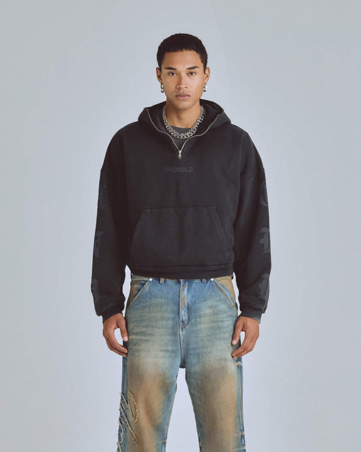 Agnus Dei Goth Boxy Fit Half Zip Up Hoodie Vintage Black