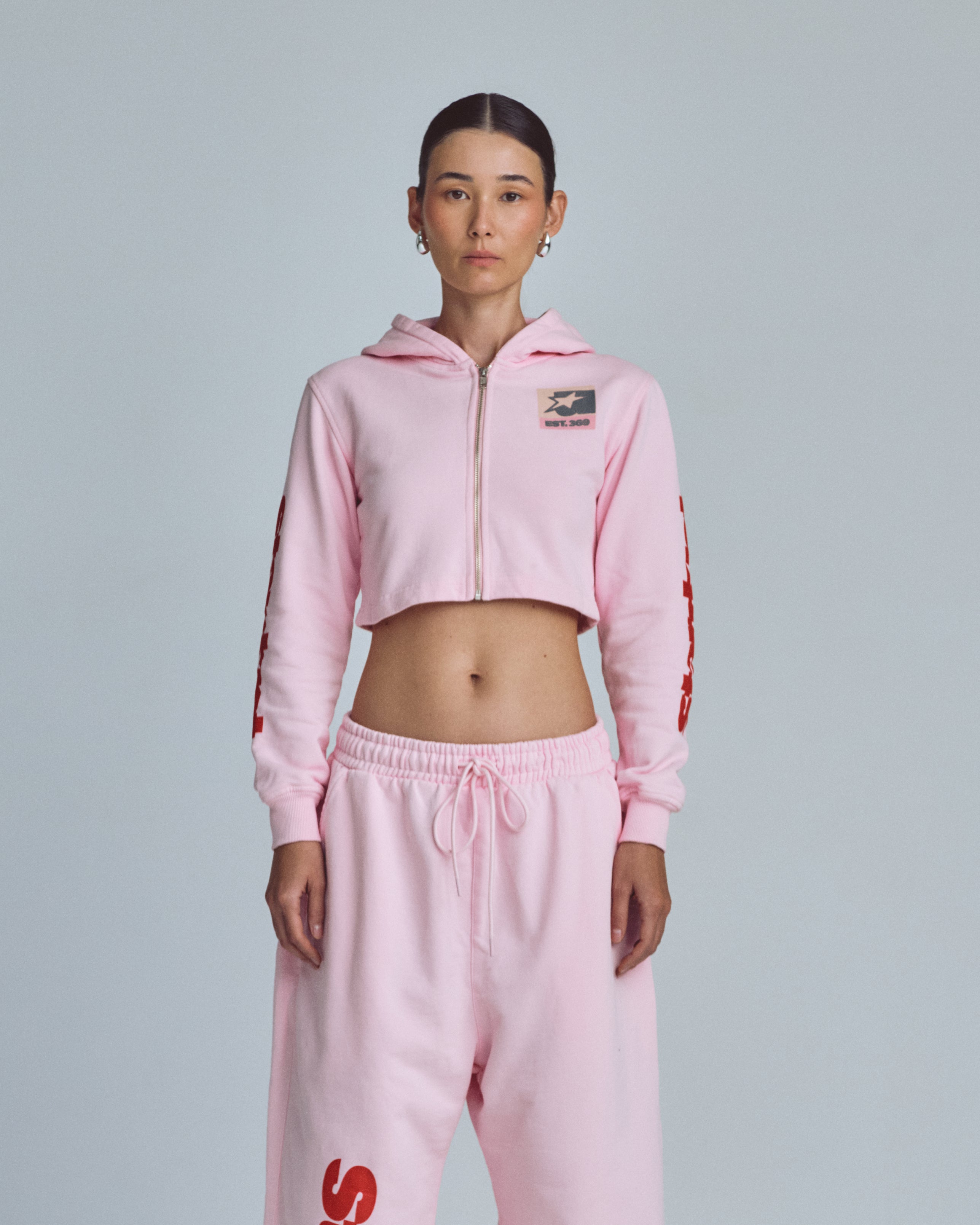 W Stardust Symbol Slim Fit Zip Up Cropped Hoodie Pink