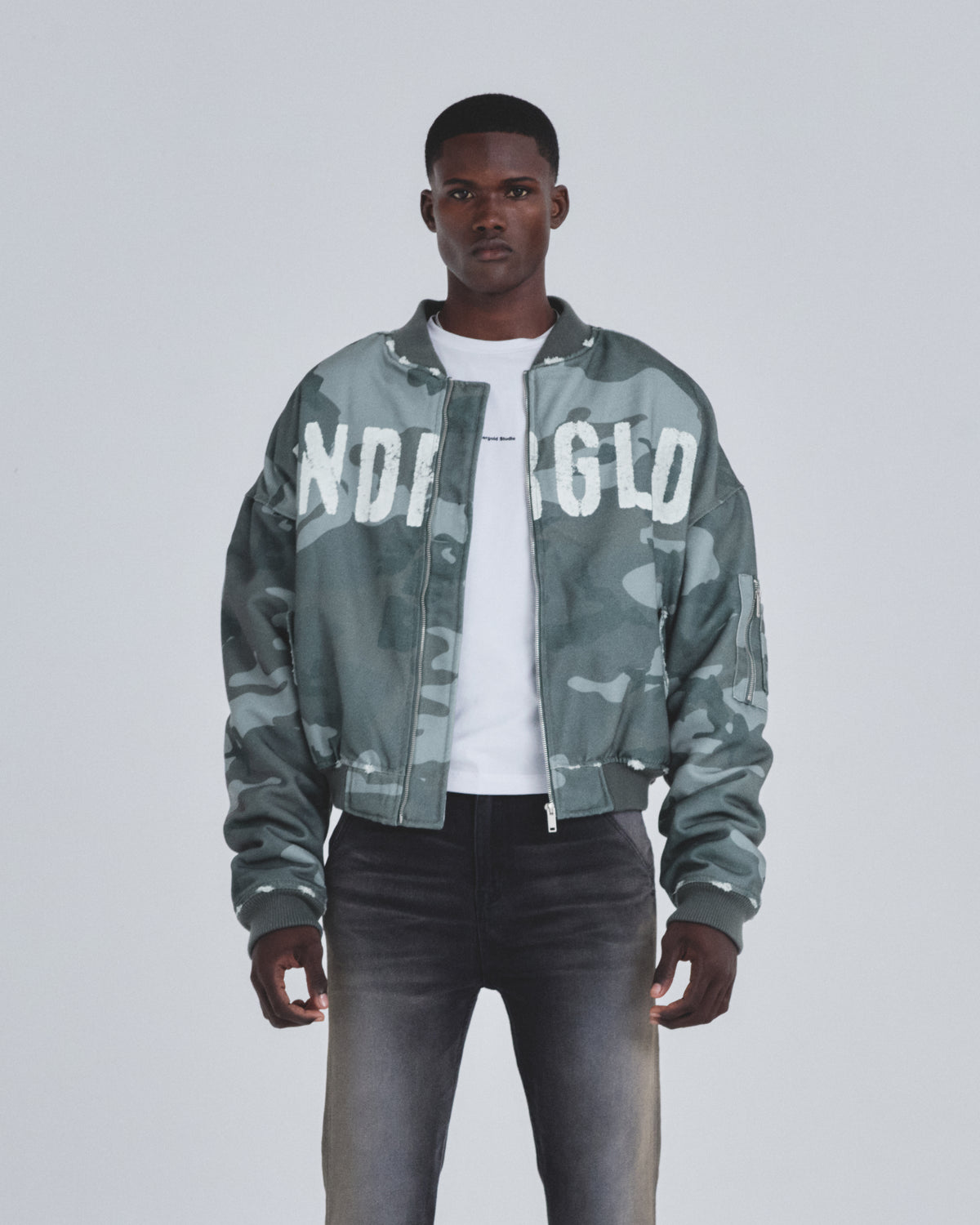 Holy Worn Logo Bomber Jacket Gray Camo