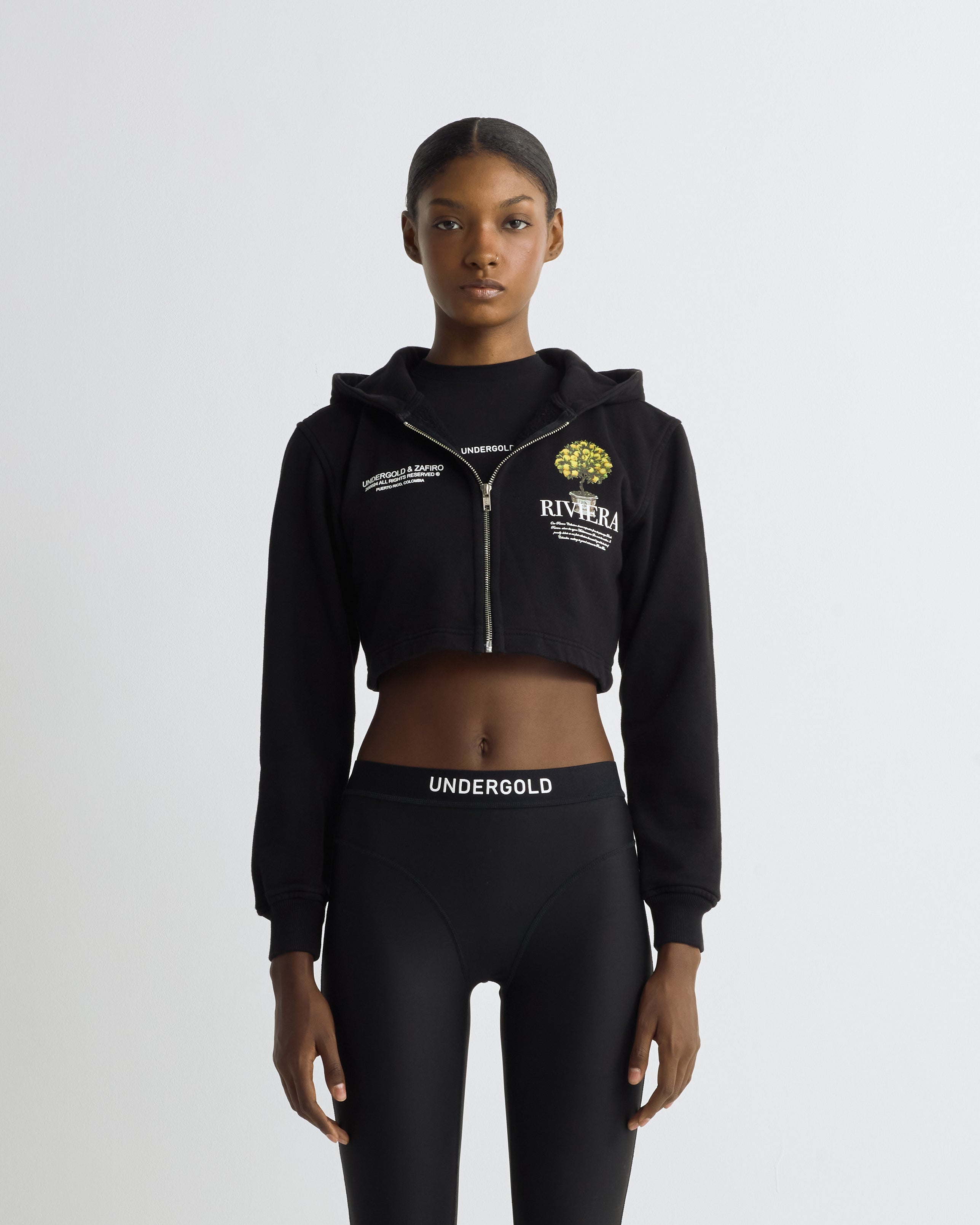Riviera Lemon Tree Slim Fit Zip-Up Cropped Hoodie Black