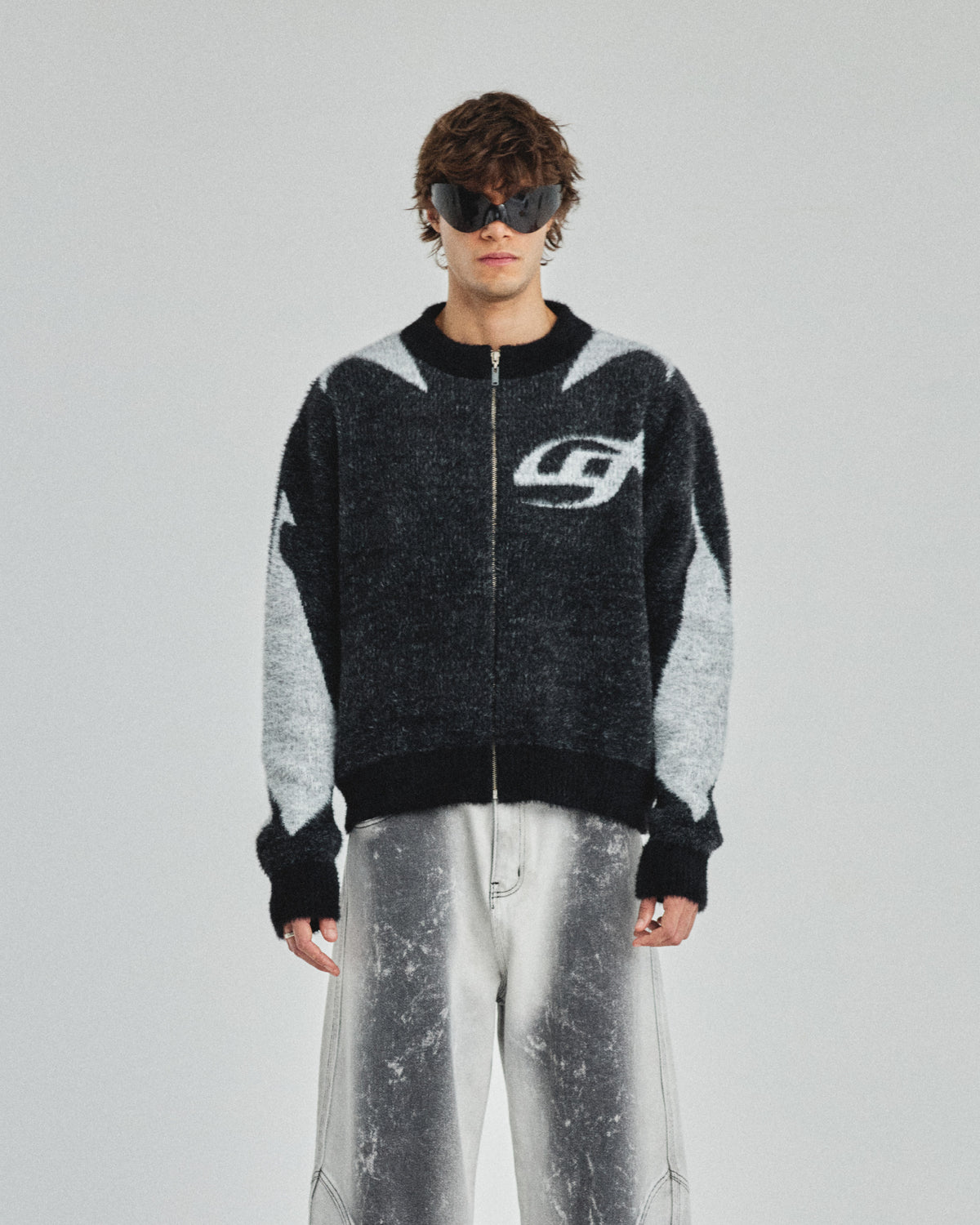 Basics UG Star Mohair Knit Zip Up Jacket Black/White