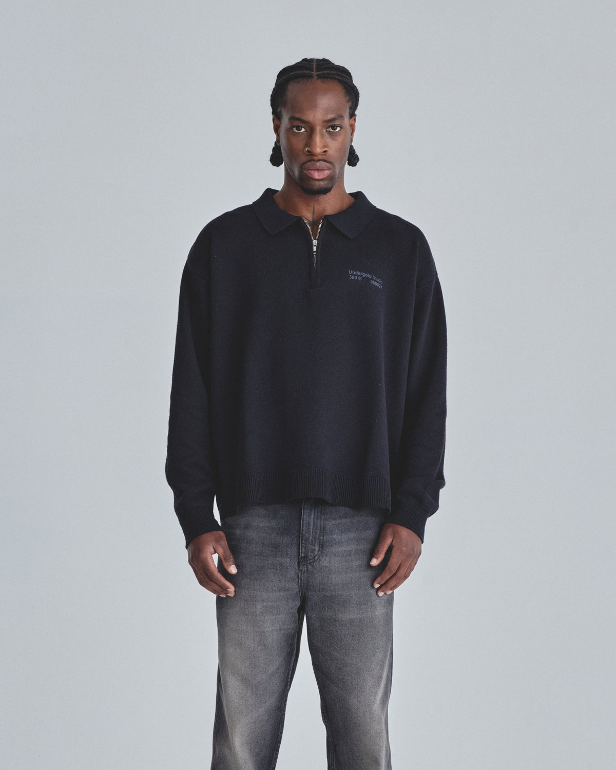 Line Knit Zip Up Long Sleeve Polo Shirt Black