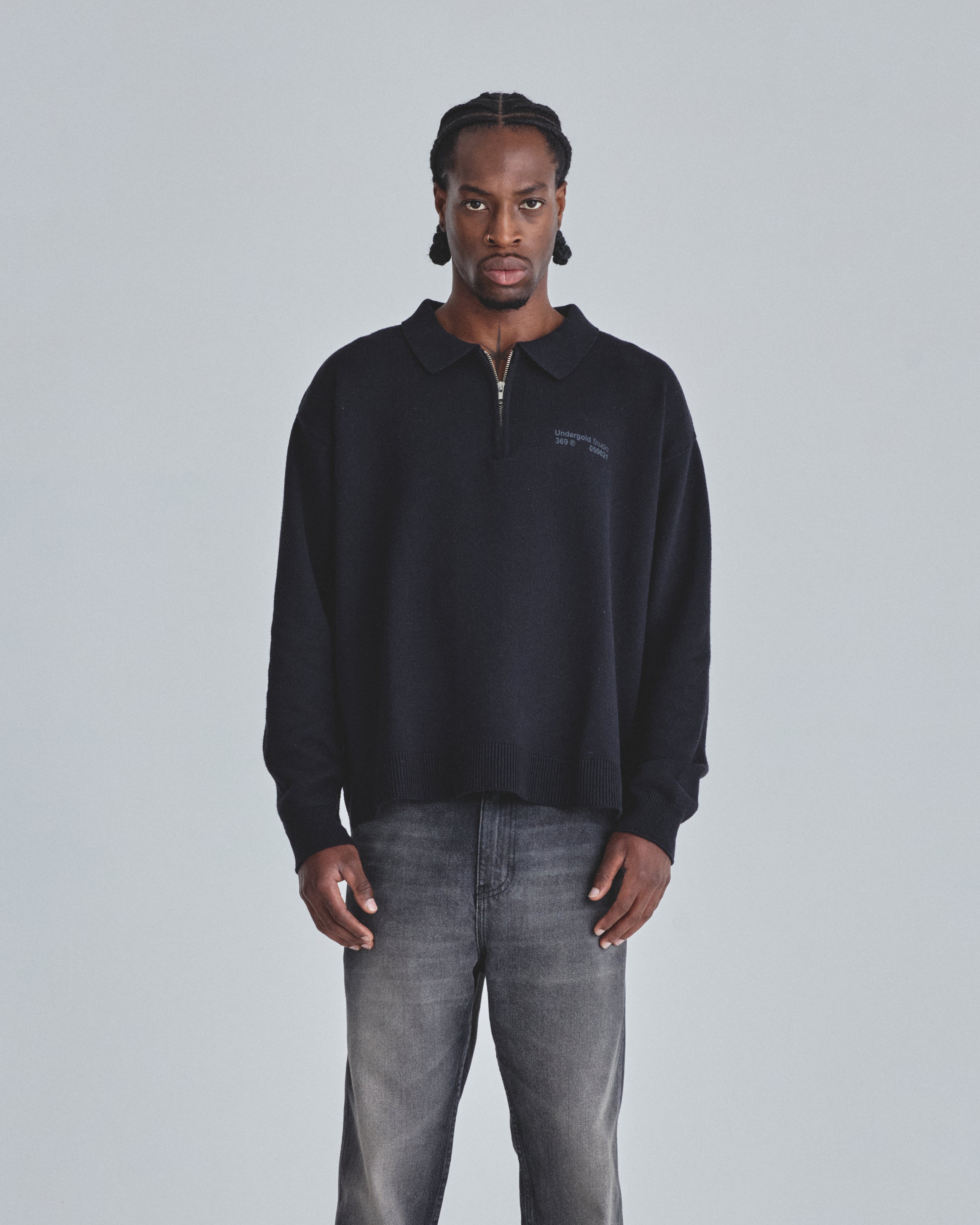 Line Knit Zip Up Long Sleeve Polo Shirt Black