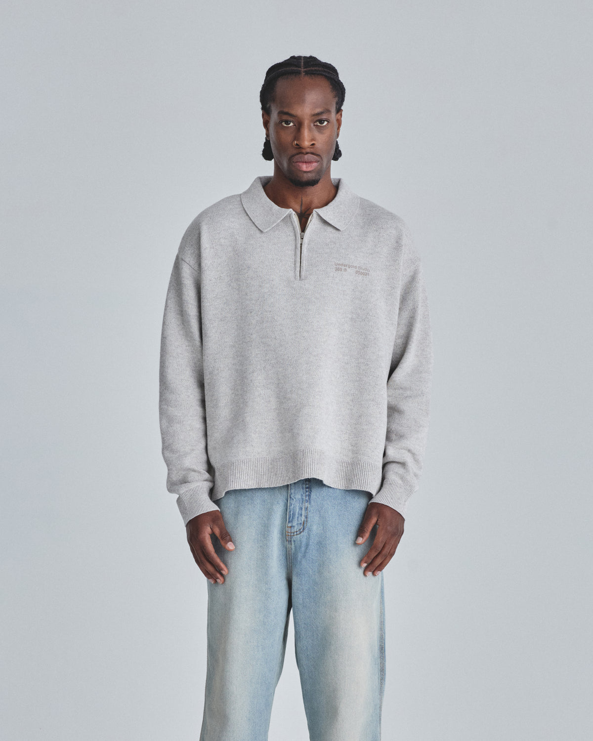 Line Knit Zip Up Long Sleeve Polo Shirt Seed Gray