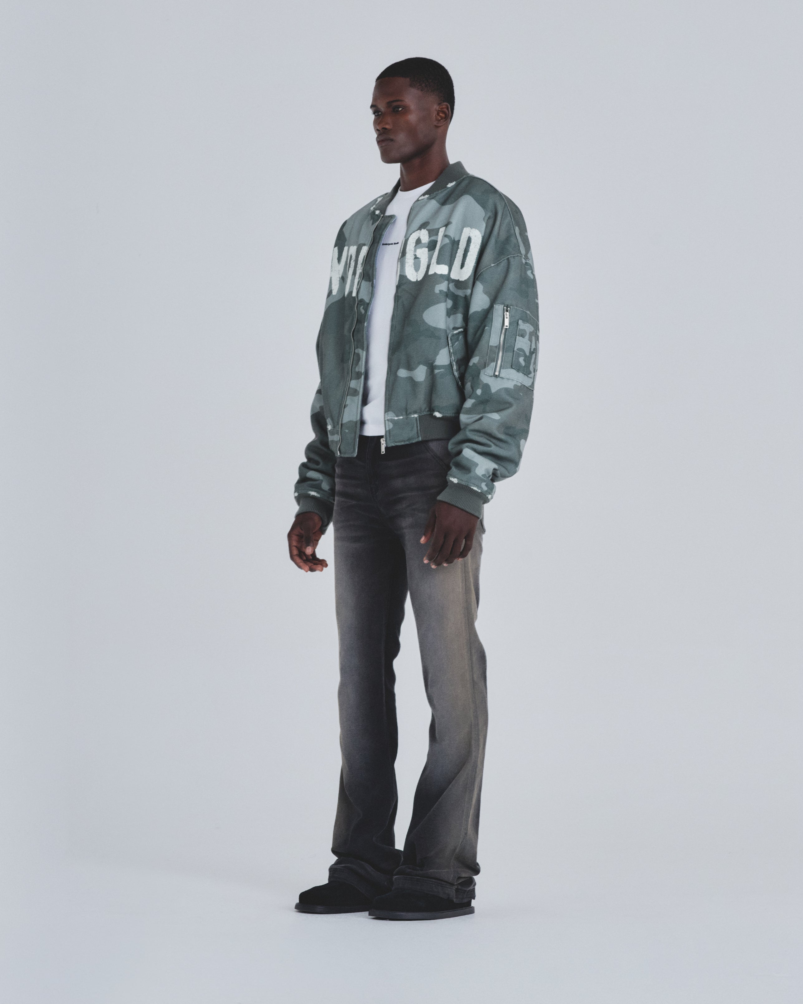Holy Worn Logo Bomber Jacket Gray Camo