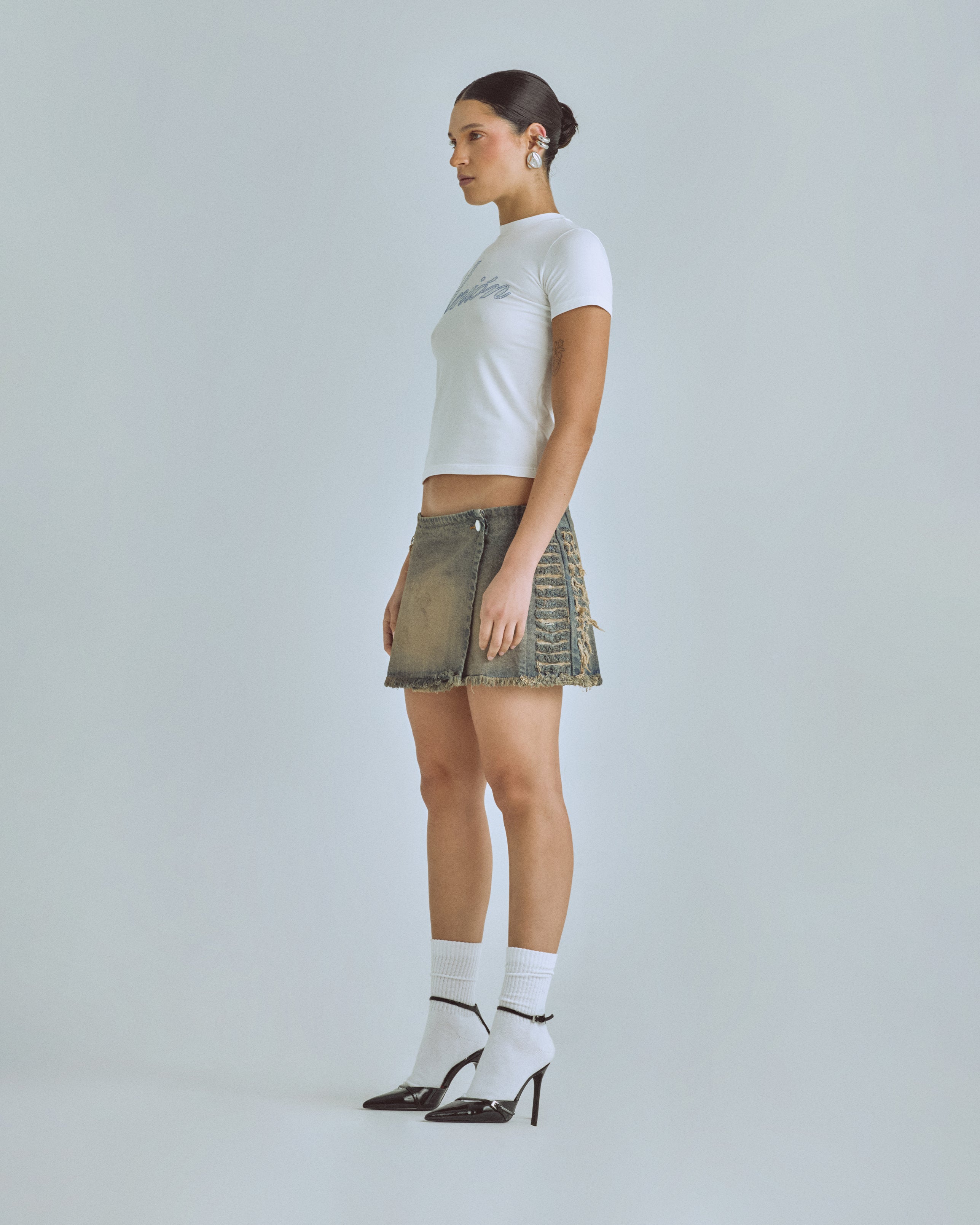 W Santa Union Basic Ripped Skirt Dirty Blue