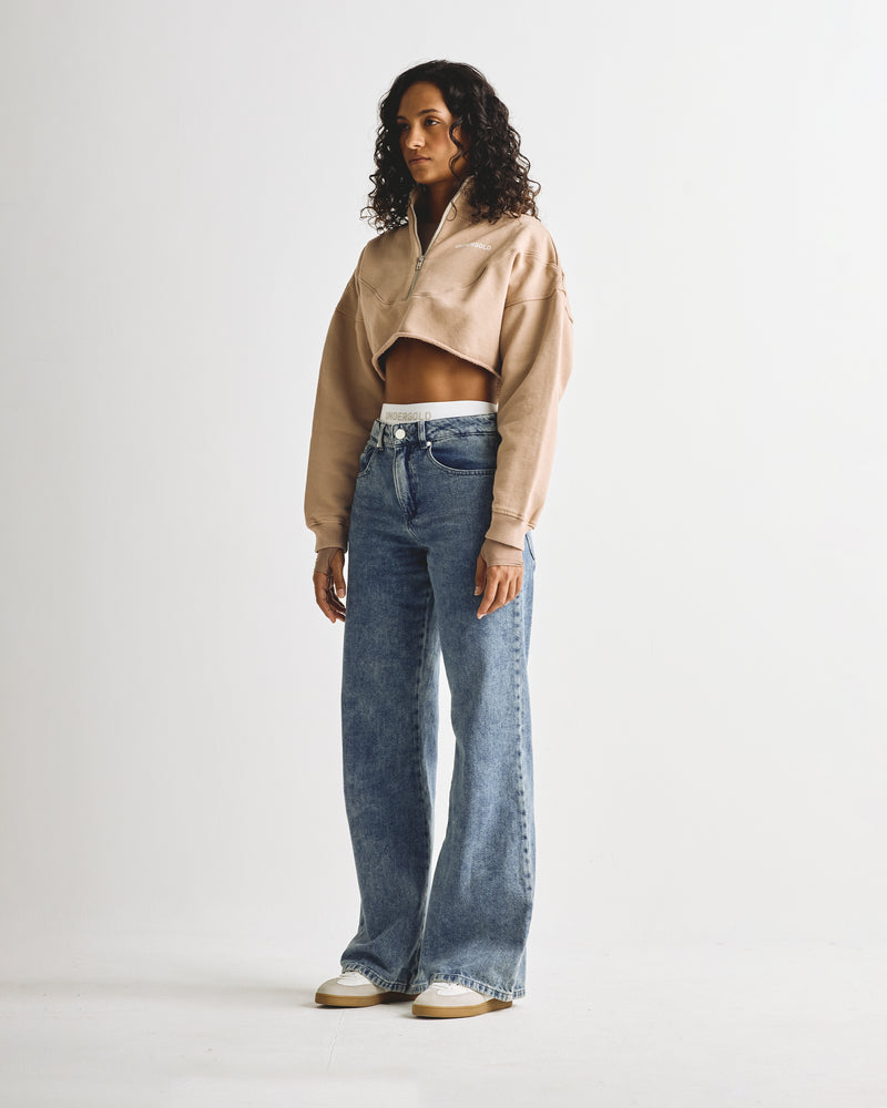 Basics Cropped Zip Up Crewneck Brown