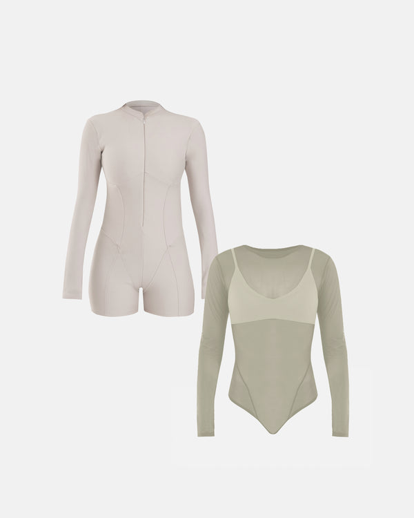 Pack Basics Mesh Bodysuit Gray & Basics Catsuit Cream